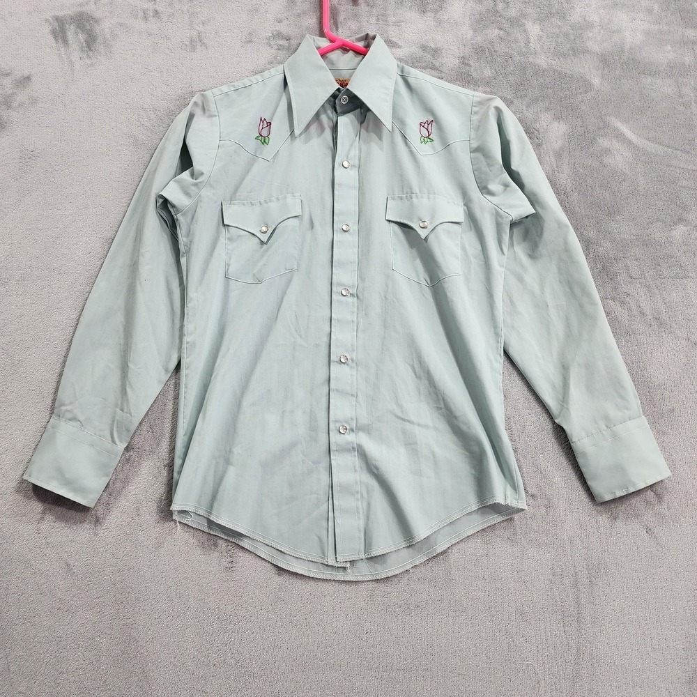 Vintage Top Hand Shirt Womens XS Green Slim Fit Western Pearl Snap Embroidered